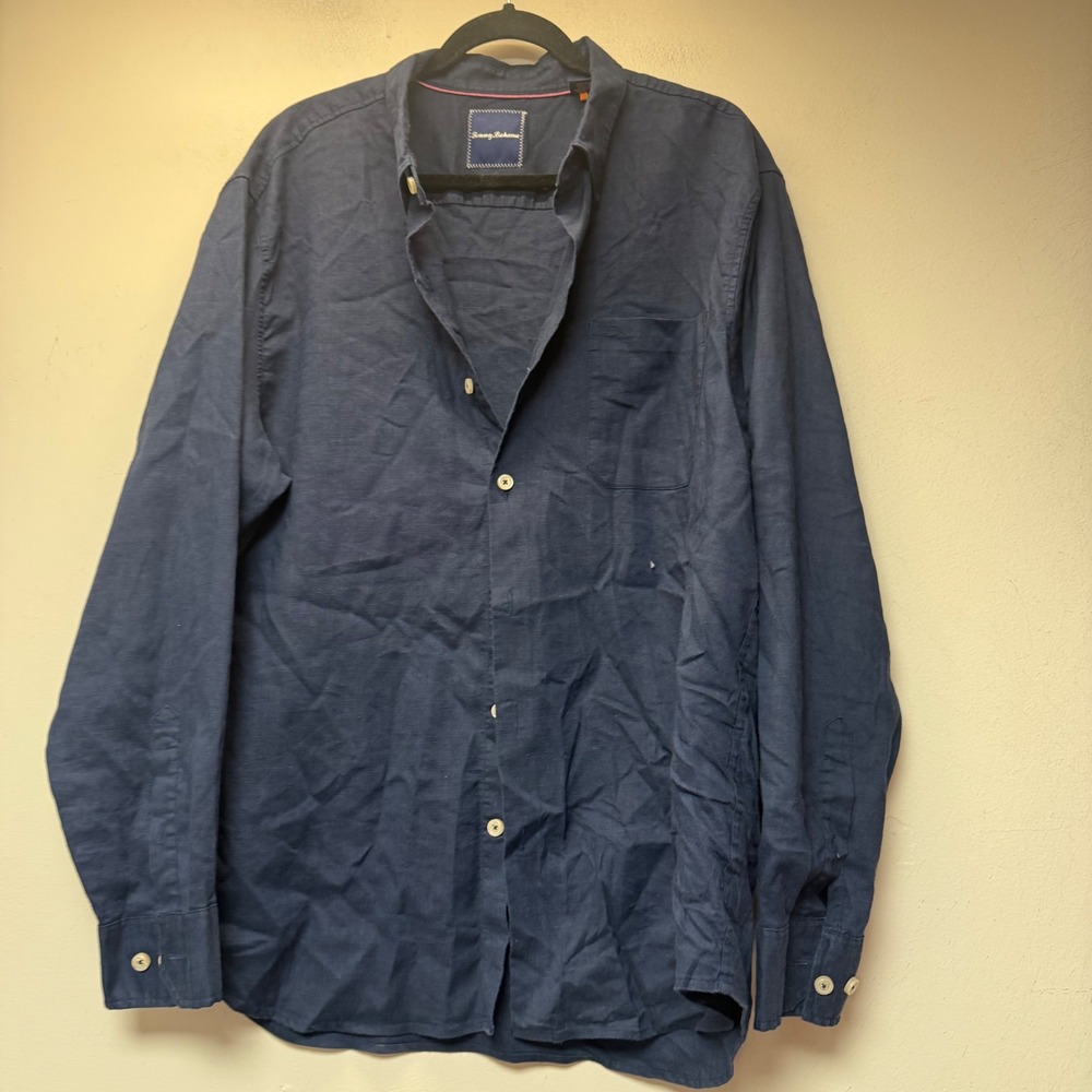 Tommy Bahama Button Down Shirt Mens XL Navy Blue Linen Blend Long Sleeve 14770